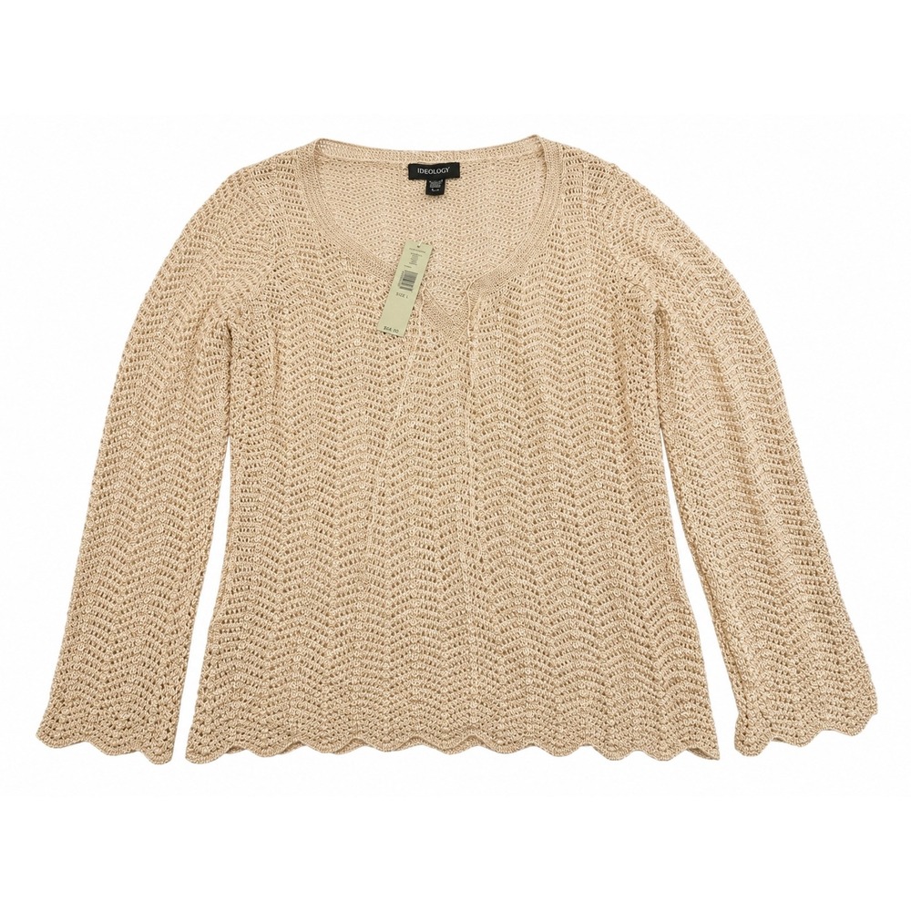 Ideology Palm Springs Gold Open Knit V-Neck Sweater Scallop Hem NWT Size L